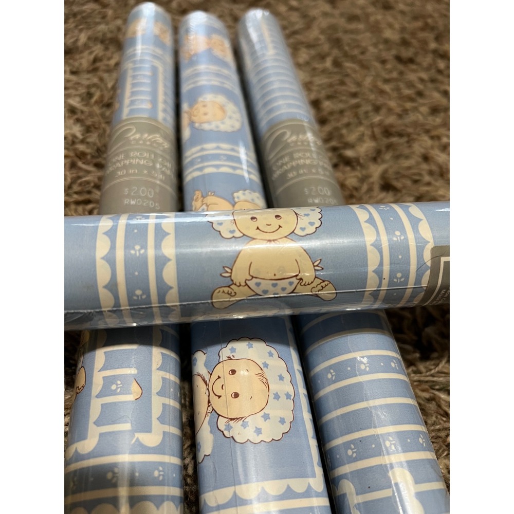 VTG Carlton Cards Blue Baby Boy Gift Wrapping Paper 4 Rolls 30in x 5ft RWO205 - Picture 5 of 5